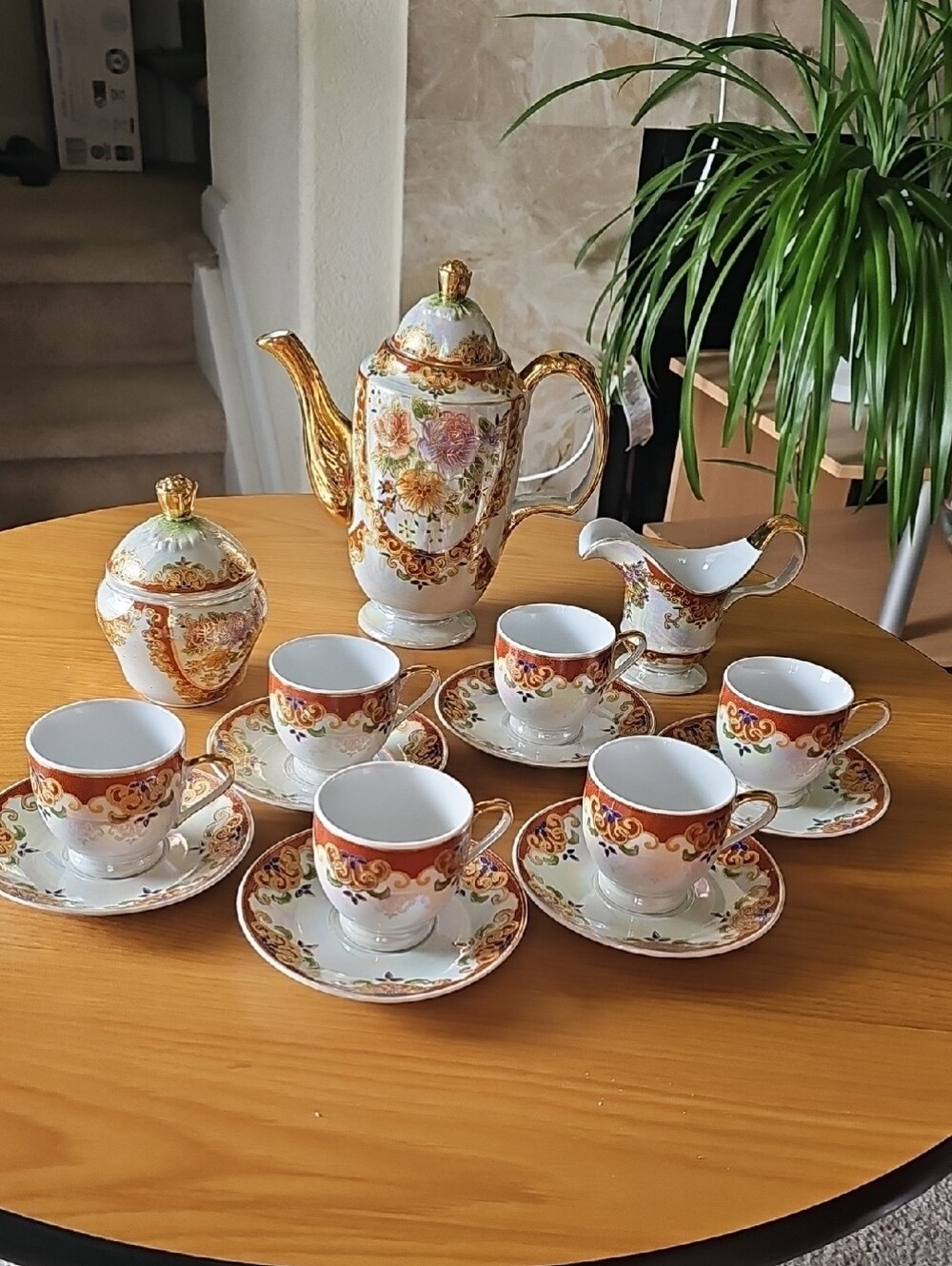 Ornate Gold-Trim Floral Tea Set - 6 Cup Service
